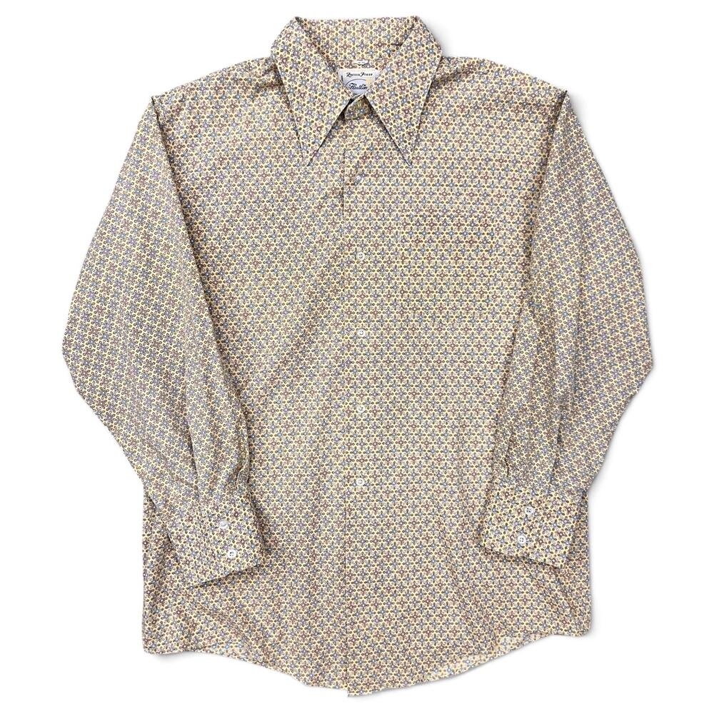 True Vintage 70s Fleetline Perma Press Floral Dress Shirt Dagger Collar 16 32 L